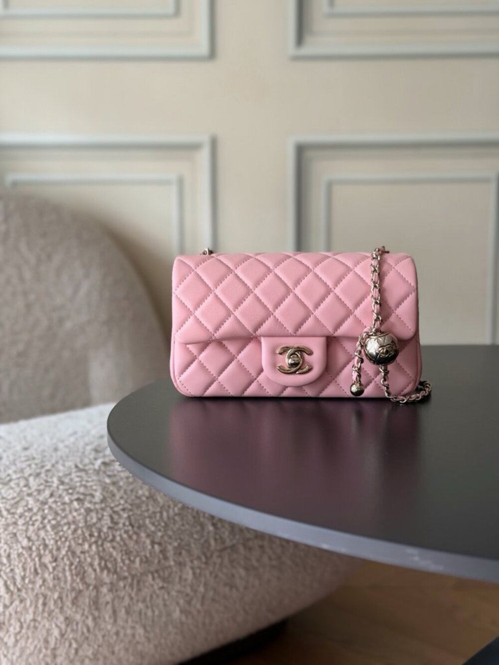 Chanel CF Mini Pink Lambskin Flap Bag with Gold Ball Chain